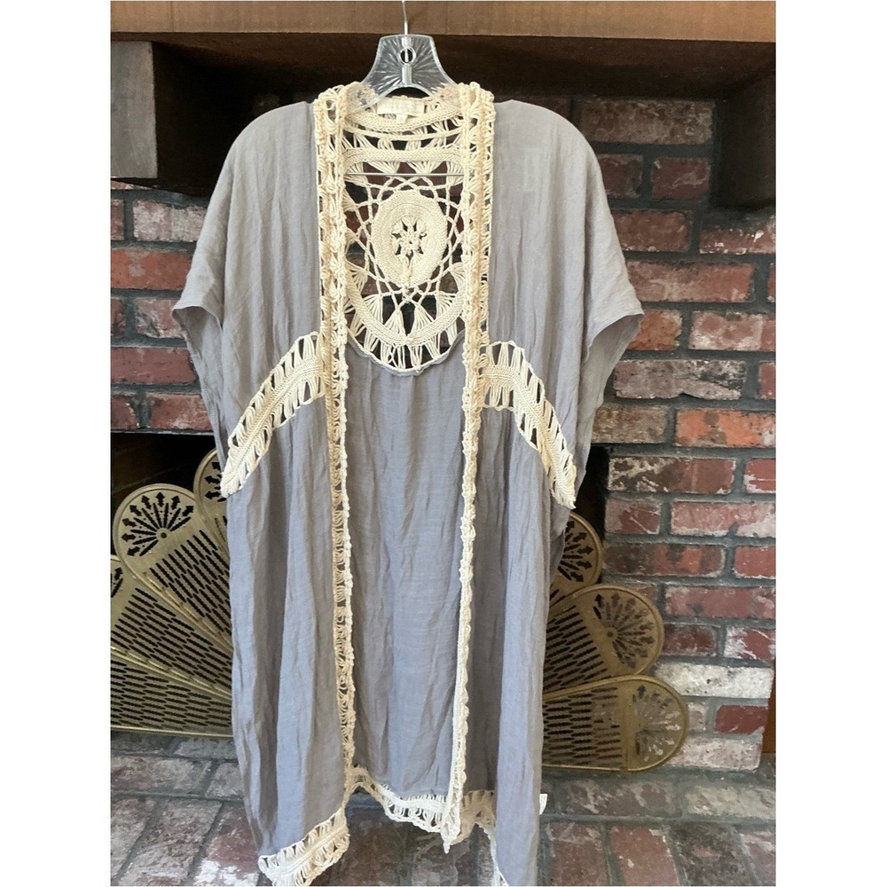 Rebellion Crochet Lace Mandala Kimono Duster Taupe Cream Fringe Cardigan Small